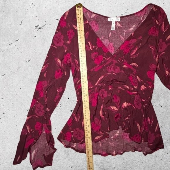 Leith Peplum Floral Blouse V-Neck Long Bell Sleeve Burgundy Pink Women’s US S - Picture 7 of 11